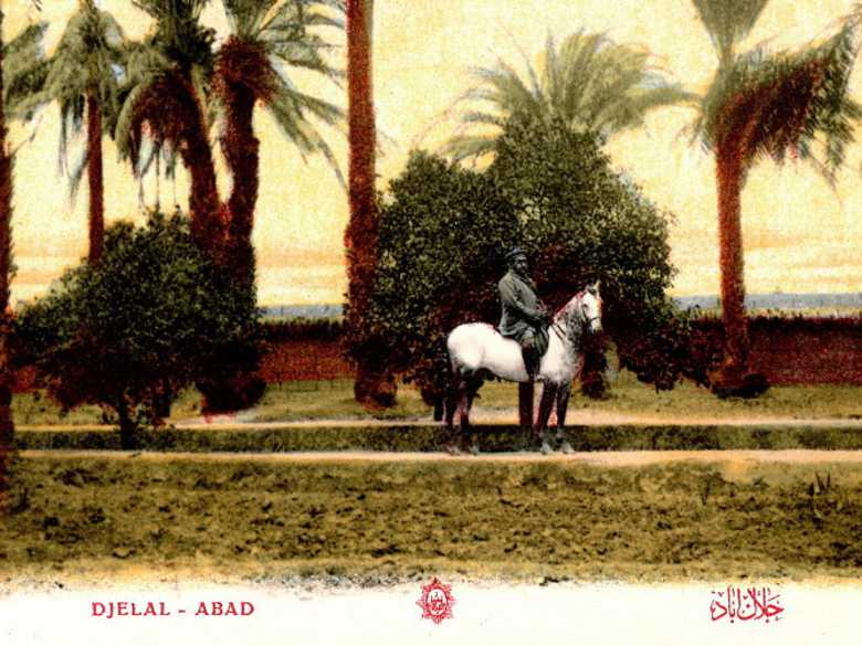 Monté sur son cheval blanc l'émir Habibullah Khan (1872-1901-1919), fils de l'émir Abdur Rahman Khan (11.1.1), dans le jardin d'un palais à Jalalabad.