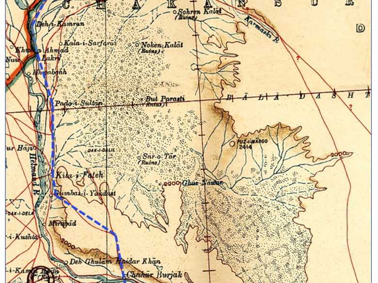 Survey of India Map: Sheet 30, Sistan (1918): showing the itinerary from October 21 to 30, 1884: Rudbar, P33 – Kilah-i-Fateh, O 58 – Ibrahimabad, J 65.