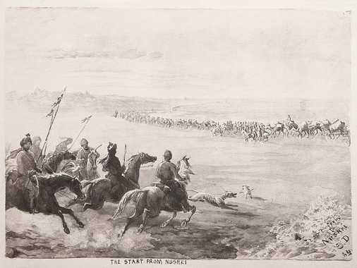 Sepia-toned photo-lithograph of a wash sketch, showing an endless column of camels, mules and donkeys, disappearing in the desert. In the left foreground a group of six military horsemen and two dogs, a greyhound and a bulldog, are approaching the column.