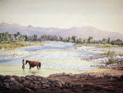 Watercolour sketch of a river flowing through a wooded landscape (tamarisk trees = khaisar), with bare hills in the background. In the left foreground stands an Anglo-Indian soldier in knee-deep water, holding his horse on the bridle. Unlike ELD 001-107 this sketch was not photo-lithographed.