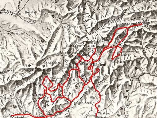 Kartenausschnitt mit eingezeichneter Route der Expedition.