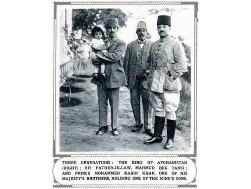 Three men in European dress, standing in the terrassed gardens of Paghman, in front of the koti sorkh. This photograph was taken in 1924 by L. Thomas. From left to right: 1 Sardar Rahmatullah Khan, son of King Amanullah Khan (11.1.1.2.3); 2 Sardar Mohammad Kabir Khan, son of Amir Habibullah Khan (11.1.1.2);&nbsp; 3 Mahmud Beg Tarzi, son of Sardar Ghulam Mhd Khan ‘Tarzi’ (16.3), Afghan Foreign Minister;&nbsp; 4 King Amanullah Khan (1892-1919-1929-1960), son of Amir Habibullah Khan (11.1.1.2)