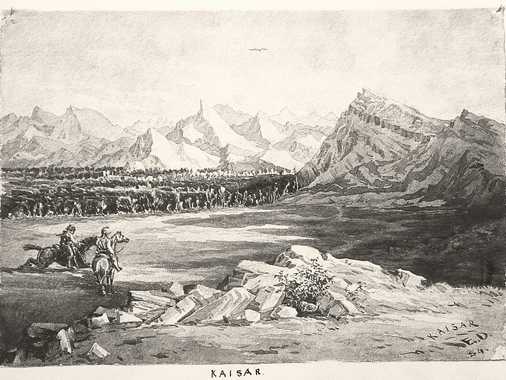 Sepia-toned photo-lithograph of a wash sketch, showing the valley of the Khaisar River, full of tamarisk trees, between rugged mountain ridges. There are two horsemen in the left foreground.