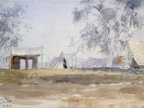 Two open tents under large trees, with further tents in the central background. With some pencil sketches of men and horses standing in between the tents.Unlike ELD 001-107 this sketch was not photo-lithographed