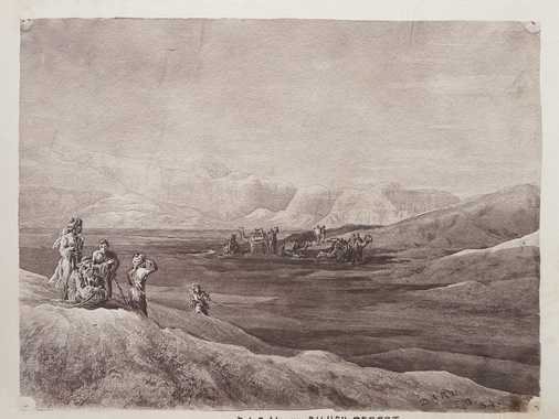 Sepia-toned photo-lithograph of a wash sketch, showing a group of six camels at the foot of the slope of a sand dune. There is a group of five Baluch camel drivers in the left foreground. A ridge of mountains faded in the background.