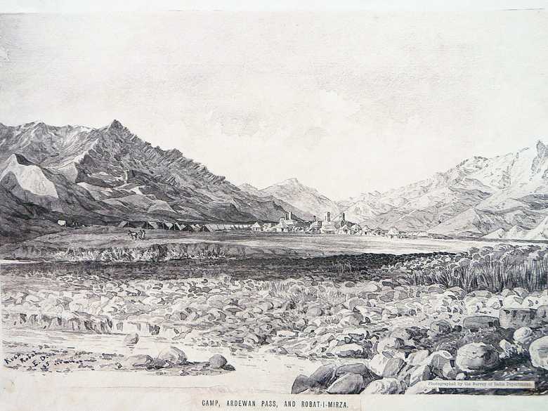 Sepia-toned photo-lithograph of a wash sketch, providing a view of the small village of Robat-e Mirza. One can behold a mosque with an eivan and a minaret, and a few pitched roof houses. In front of the village and very close to it, rows of army tents of the ABC. In the foreground a meandering stream, its banks covered with boulders.