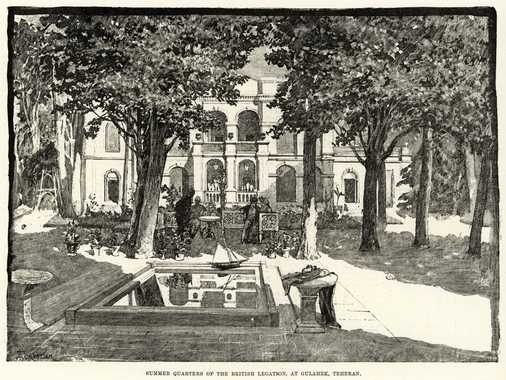 A view in the garden of the summer residence of the British Legation at Gulahek, 10 km north of Teheran.
Engraving based on a sketch by William Simpson.