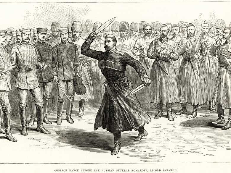 On the occasion of his visit to General Komaroff at Old Sarakhs, William Simpson sketched this Circassian sword dance.